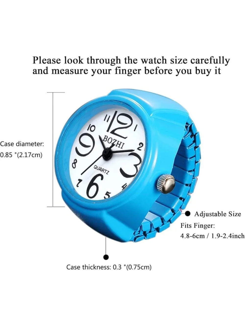 Unisex Blue Analog Quartz Easy Read Adjustable Modern Round Finger Ring Watch